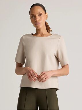 Quince Ultra-Stretch Ponte Short Sleeve Top In Ecru